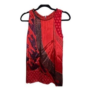 CAbi Red Abstract Patchwork Sleeveless Tunic Top Size Small Boho Artsy